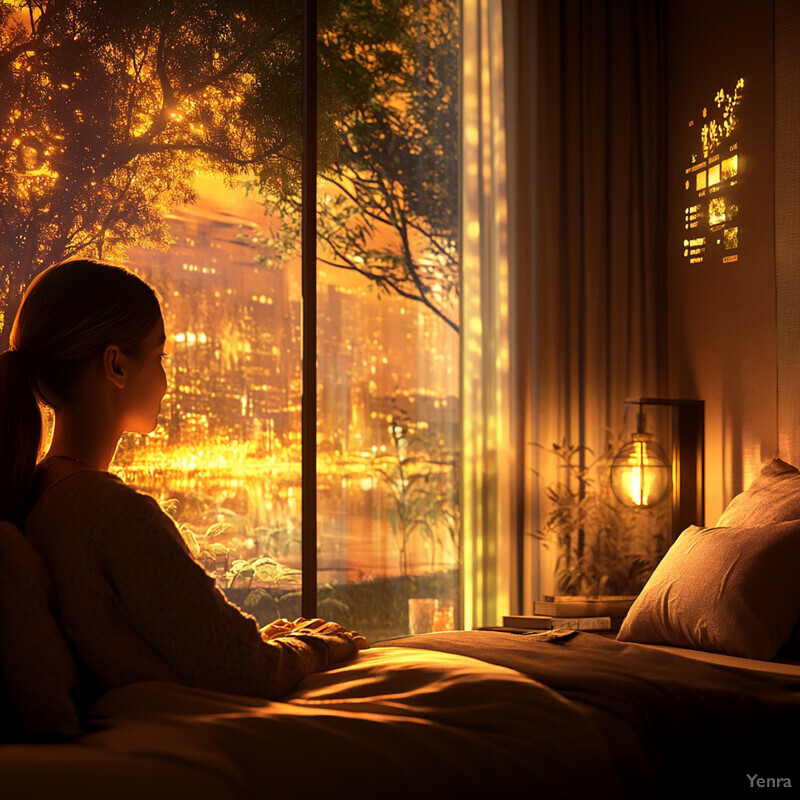 A woman sits on a bed in a dimly lit room, gazing out of the window at city lights.