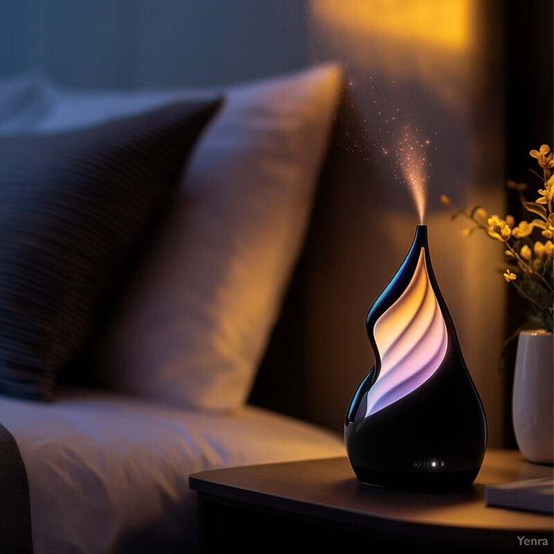 A serene and peaceful bedroom scene with a black essential oil diffuser on a bedside table.