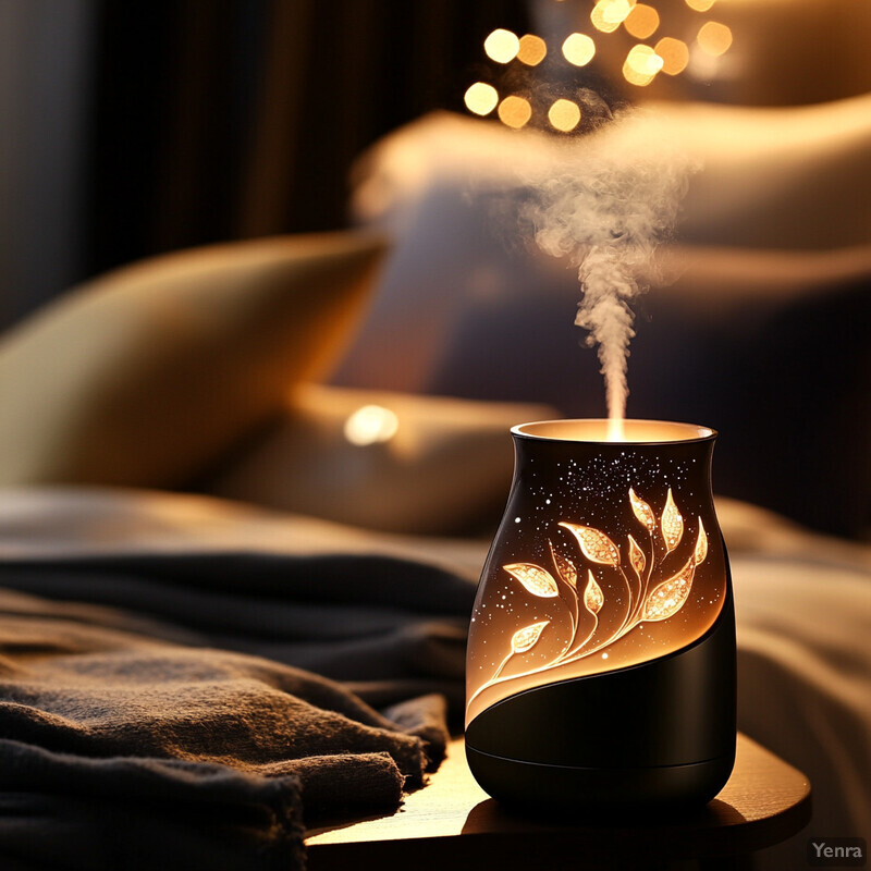 An oil diffuser emitting steam on a table in front of a couch with pillows.