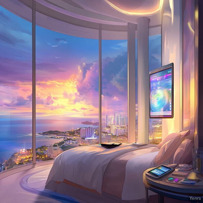 A futuristic bedroom with a circular window offering a stunning view of the ocean and city skyline at sunset.