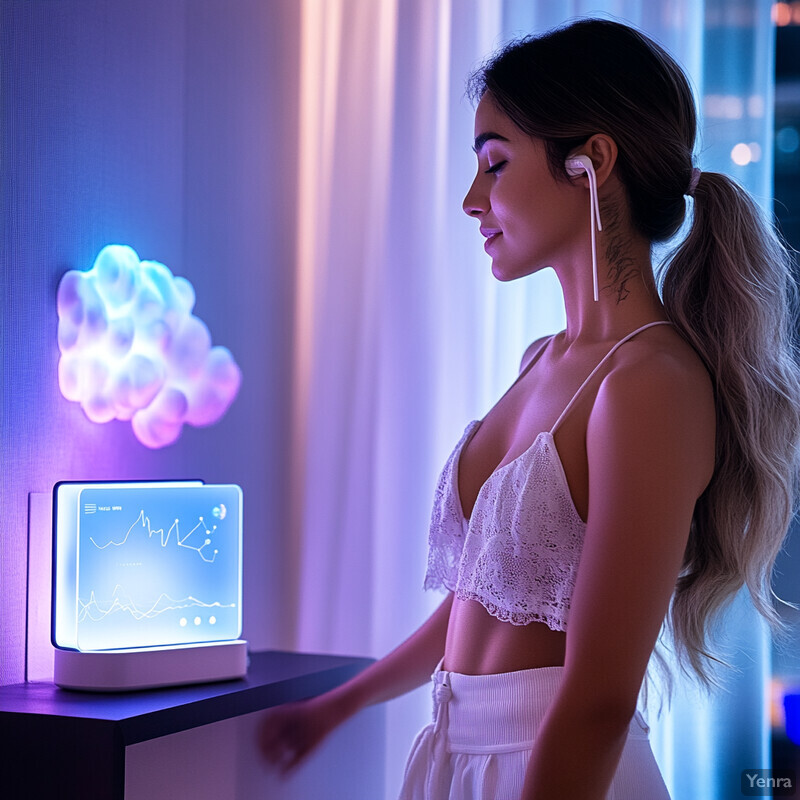 A woman stands in front of a futuristic-looking device with a screen displaying various graphs and charts, possibly monitoring her physical activity or tracking progress towards a fitness goal.