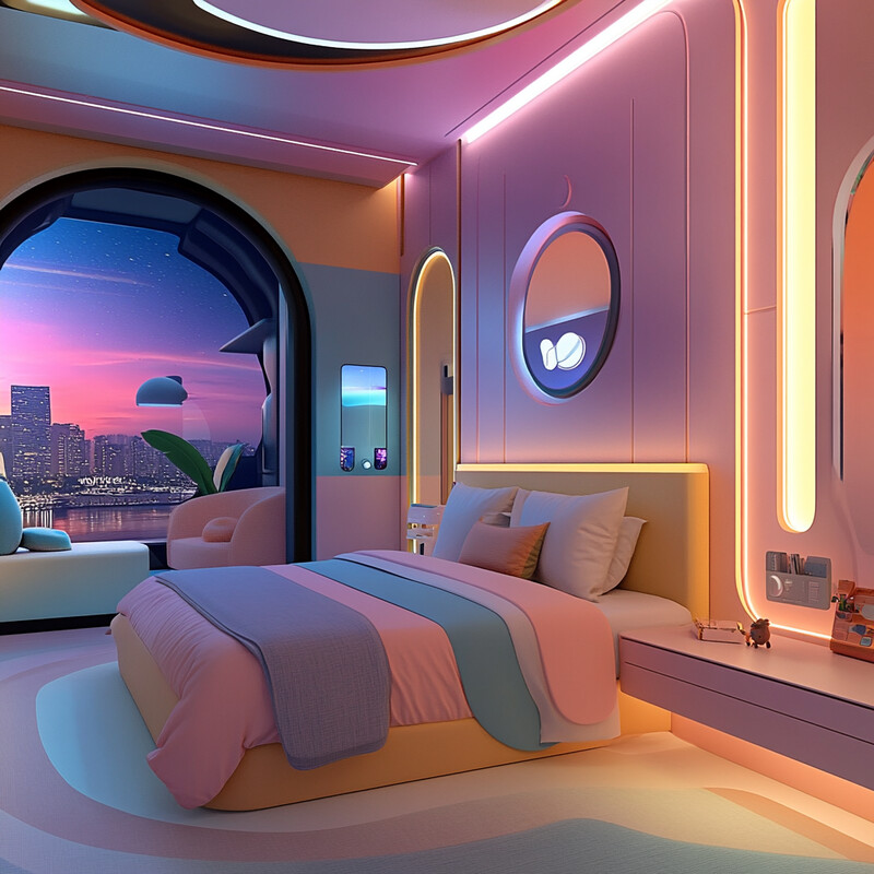 A futuristic bedroom with a focus on pastel colors and neon lighting.