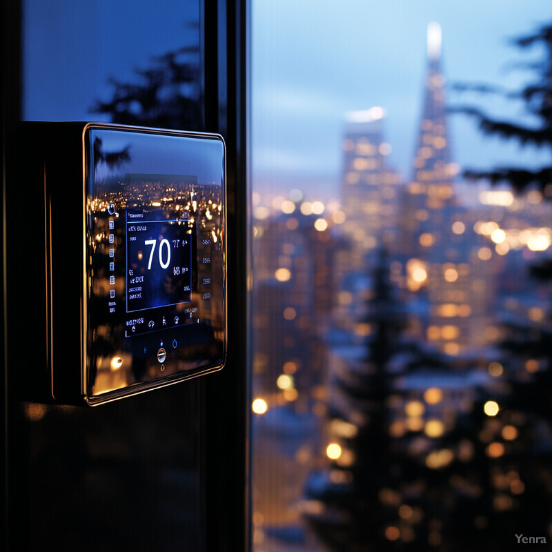 A sleek and modern thermostat mounted on a wall in a dimly lit room.