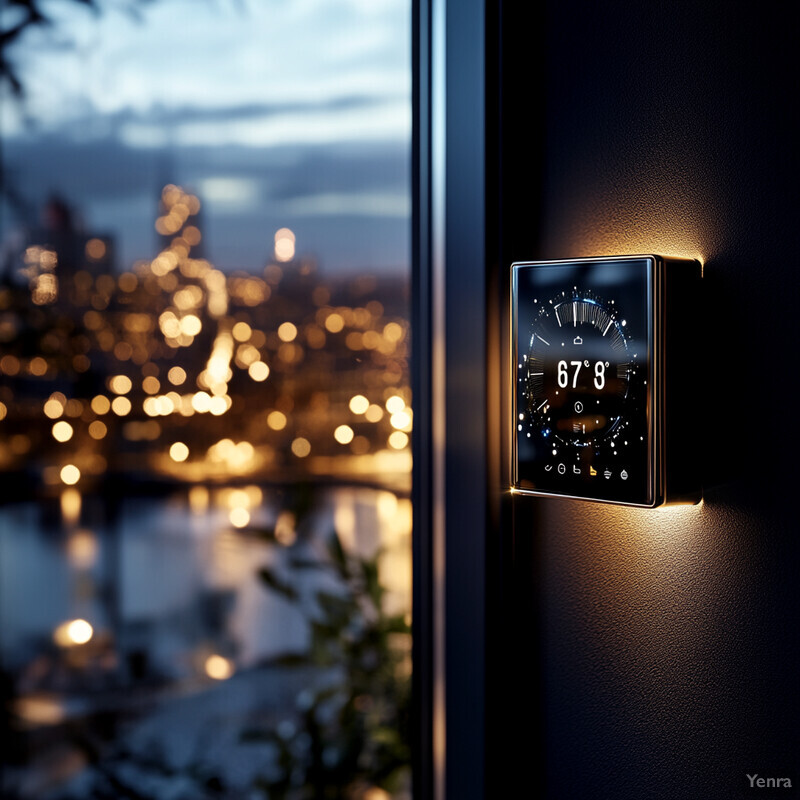 A modern smart thermostat mounted on an exterior wall of a house overlooking a cityscape at dusk.