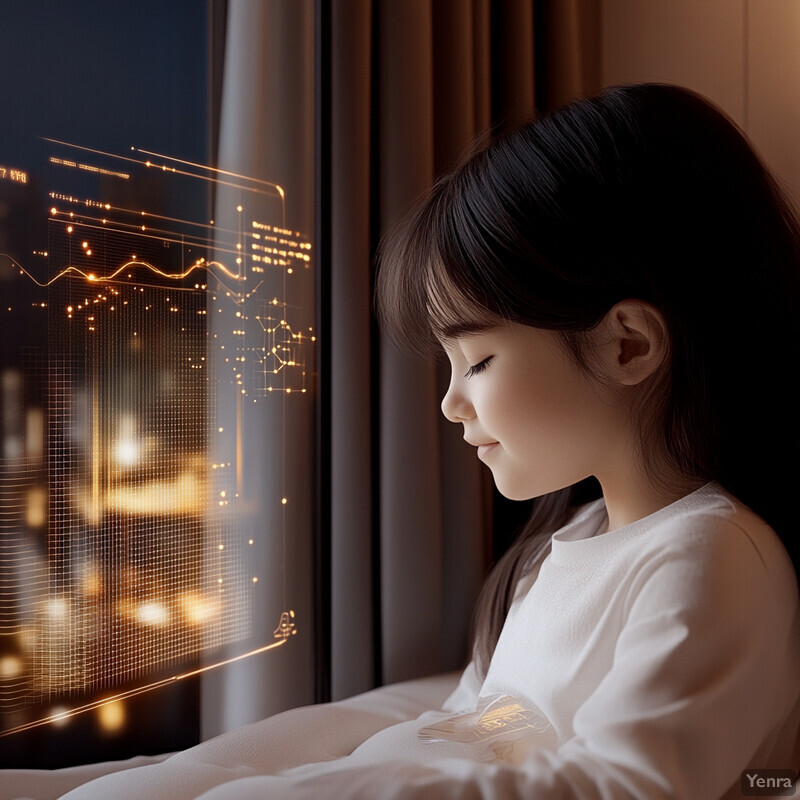 A young girl sits on a bed in a bedroom, gazing out the window at the city lights.