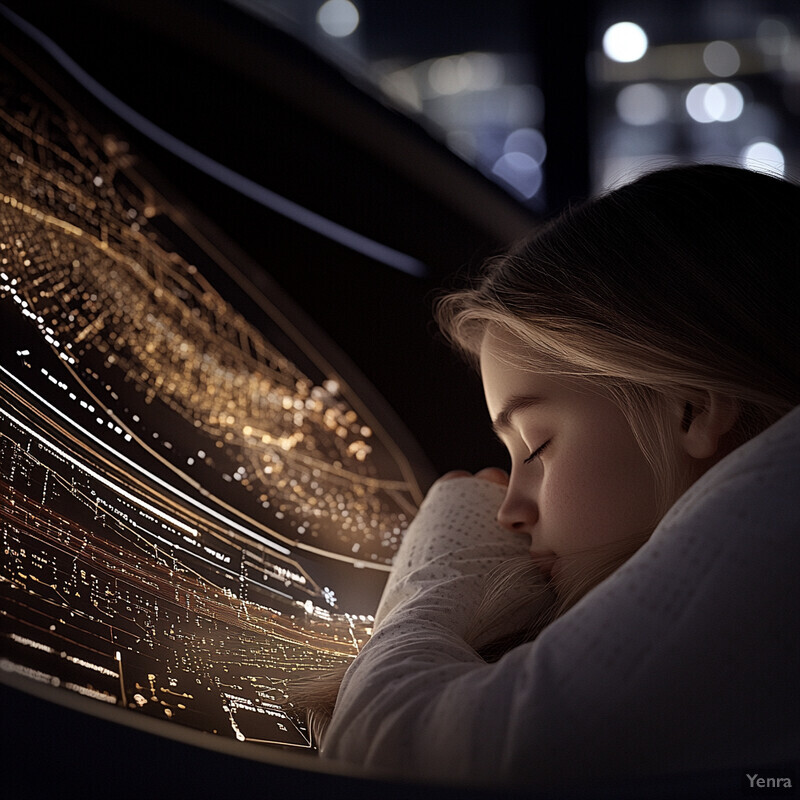 A young girl with fair skin and long blonde hair lies on her side in bed, gazing at an illuminated screen with her eyes closed.