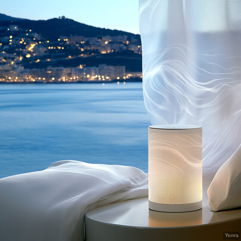 A noise suppression device sits on a bedside table in front of a window overlooking a body of water.