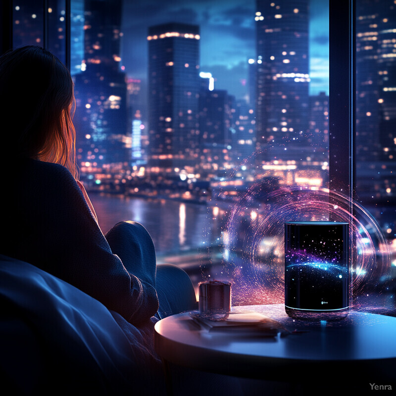 A woman sits in front of a window at night, gazing out at the city skyline while surrounded by dim lighting and a few objects on a table.