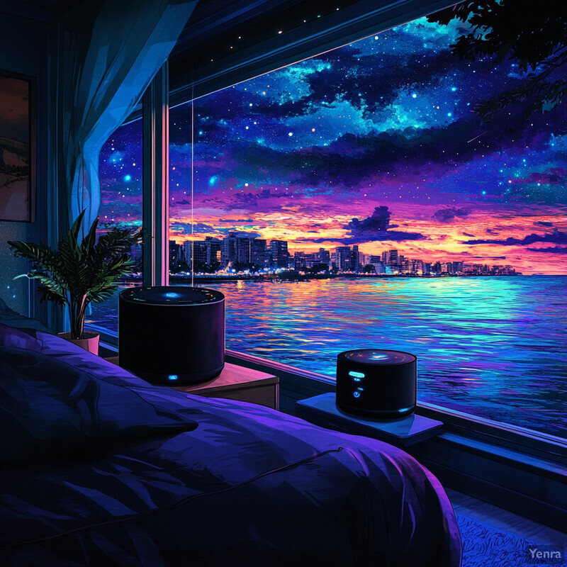 A peaceful and futuristic room with two speakers or sound machines, overlooking a body of water at sunset or sunrise.