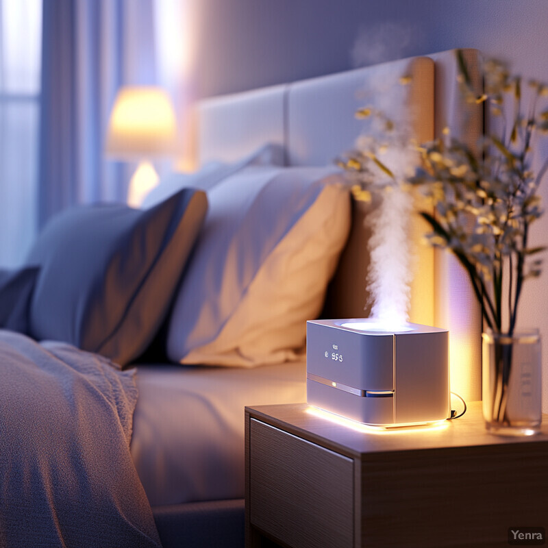 A serene bedroom scene with a humidifier on a bedside table, creating a cozy and relaxing atmosphere.