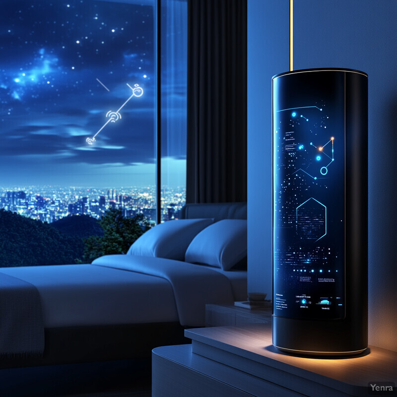 A futuristic bedroom with a unique nightlight device and a stunning cityscape view.