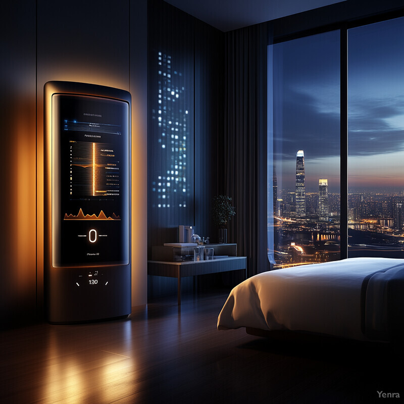 A modern bedroom with a large window offering a city skyline view at dusk or dawn.