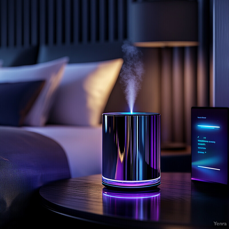 A cylindrical device emitting steam or mist into the air in a calm and relaxing atmosphere.