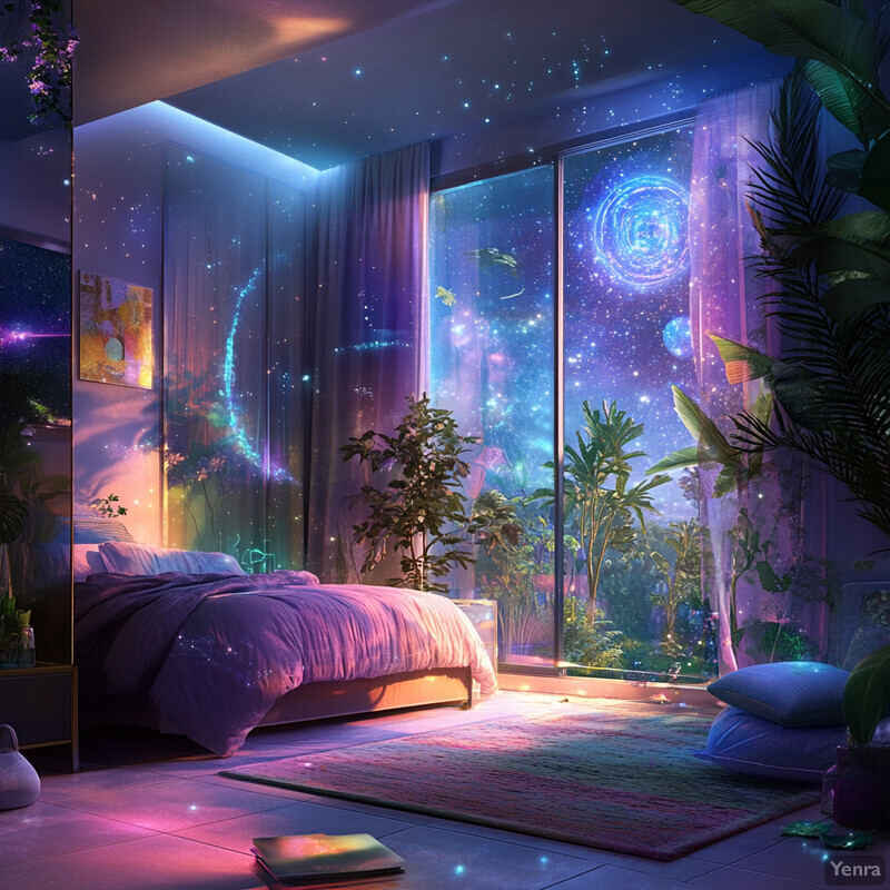 A futuristic bedroom with a purple and pink color scheme, featuring a large window with a starry night sky view.