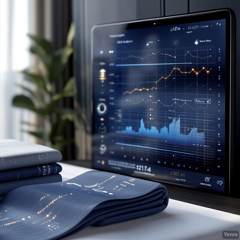 A tablet displaying a graph sits on a table next to neatly folded bedding.