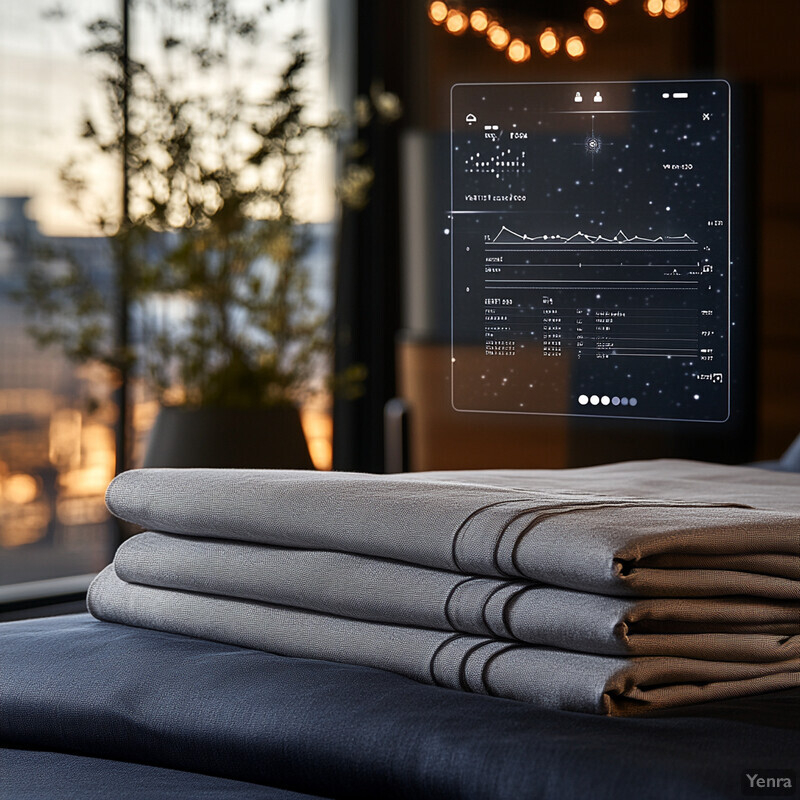 A stack of neatly folded bedding in various shades of gray and blue, with a large window in the background.