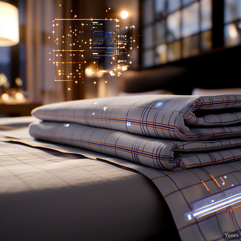 Neatly folded white sheets with blue and orange stripes on top of a bed in a bedroom or hotel room.