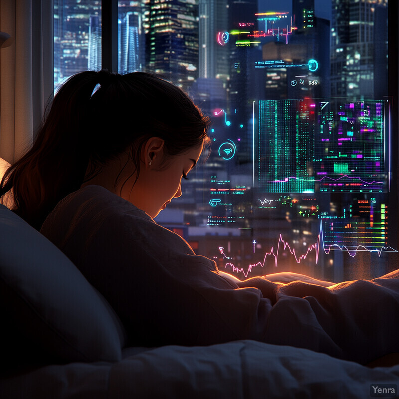 A woman lies in bed, gazing out the window at a cityscape during the night.