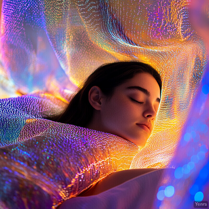 A woman reclines on a bed surrounded by colorful sheets and pillows.