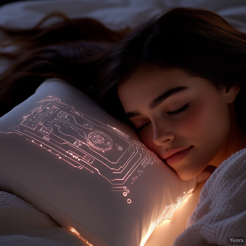 A woman sleeps peacefully on her side with her head resting on a glowing pillow featuring circuitry patterns.