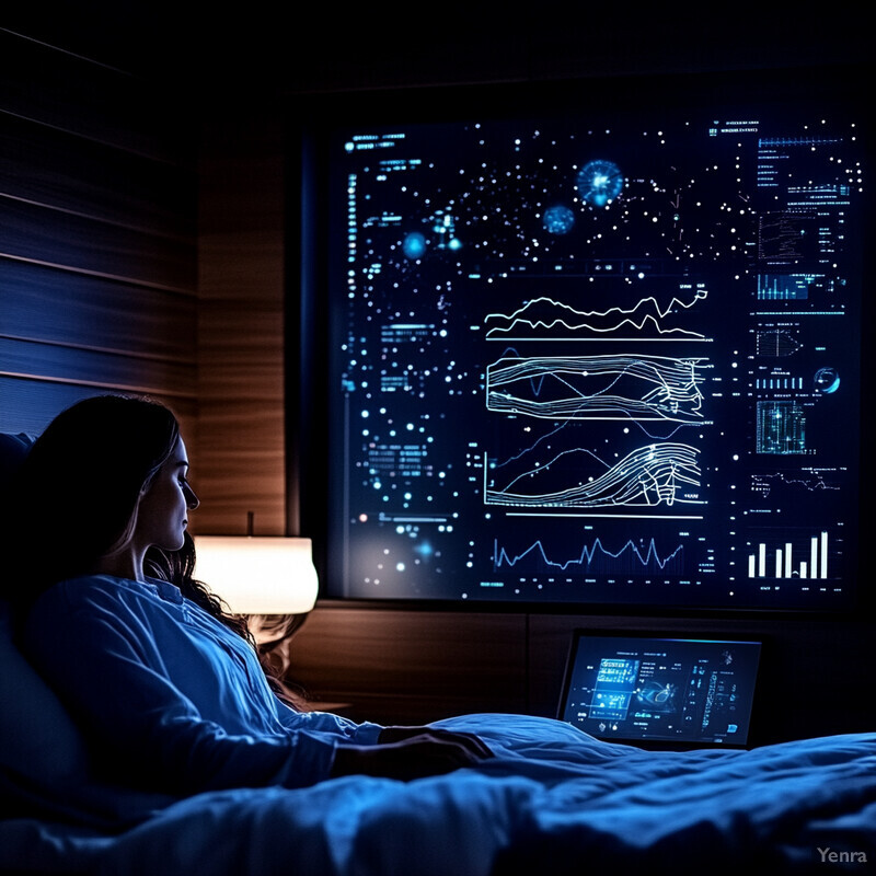 A woman lies in bed at night, intently gazing at a large screen displaying various graphs and charts related to sleep patterns.