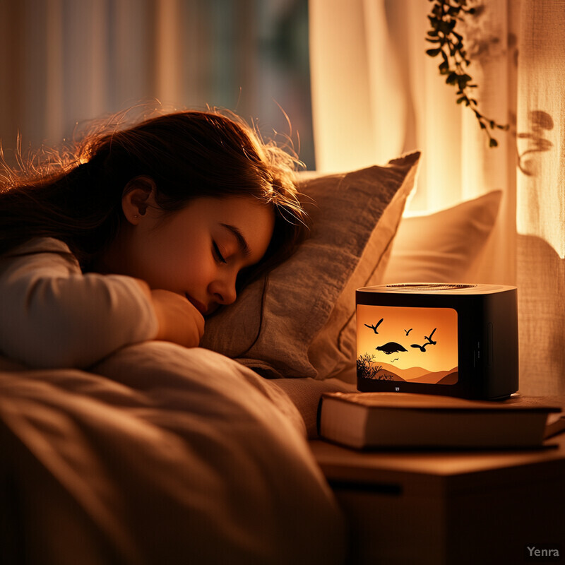 A woman sleeps peacefully in bed, surrounded by a soft and calming atmosphere.