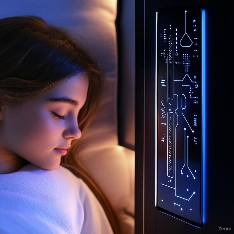 A young girl sleeps on a couch or chair with a small screen displaying a circuit board design in front of her.