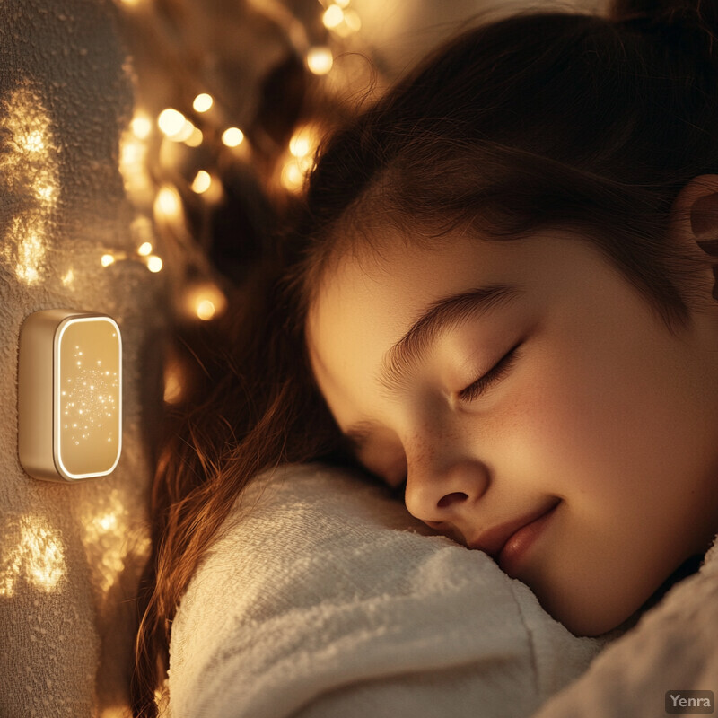 A young girl sleeping peacefully in bed, surrounded by soft lighting and warm colors.