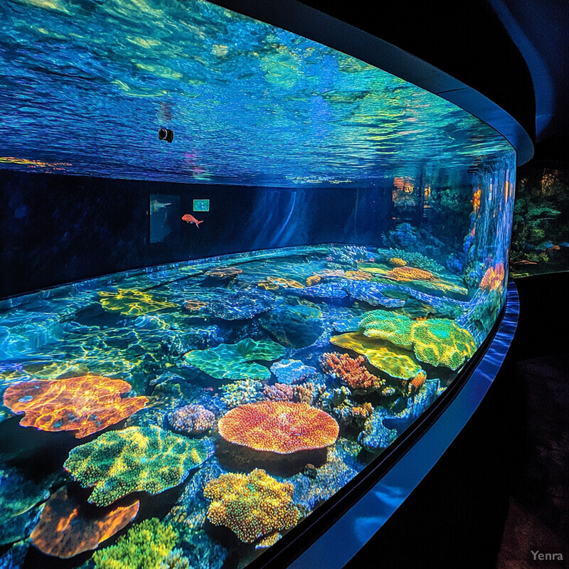 A large aquarium or fish tank with various types of coral and other marine life.