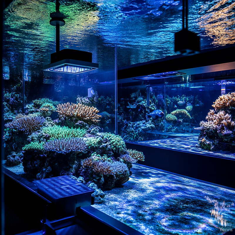 An aquarium with diverse marine life and vibrant coral formations, featuring a partially obscured glass wall and two black lights.