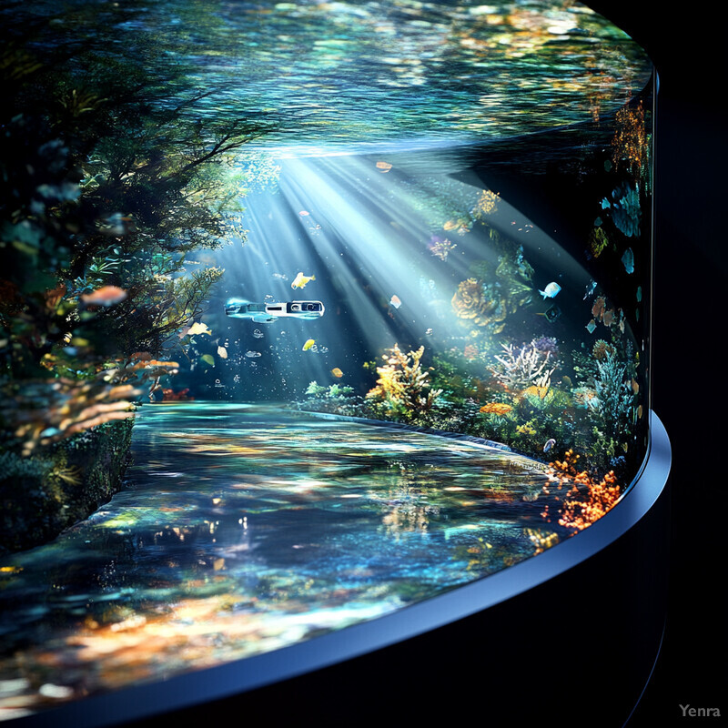 A serene underwater scene featuring a coral reef and various fish swimming in a dark-colored aquarium.