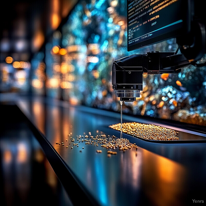 An automated feeding system pours out gold or metal beads from a machine arm onto a tray.