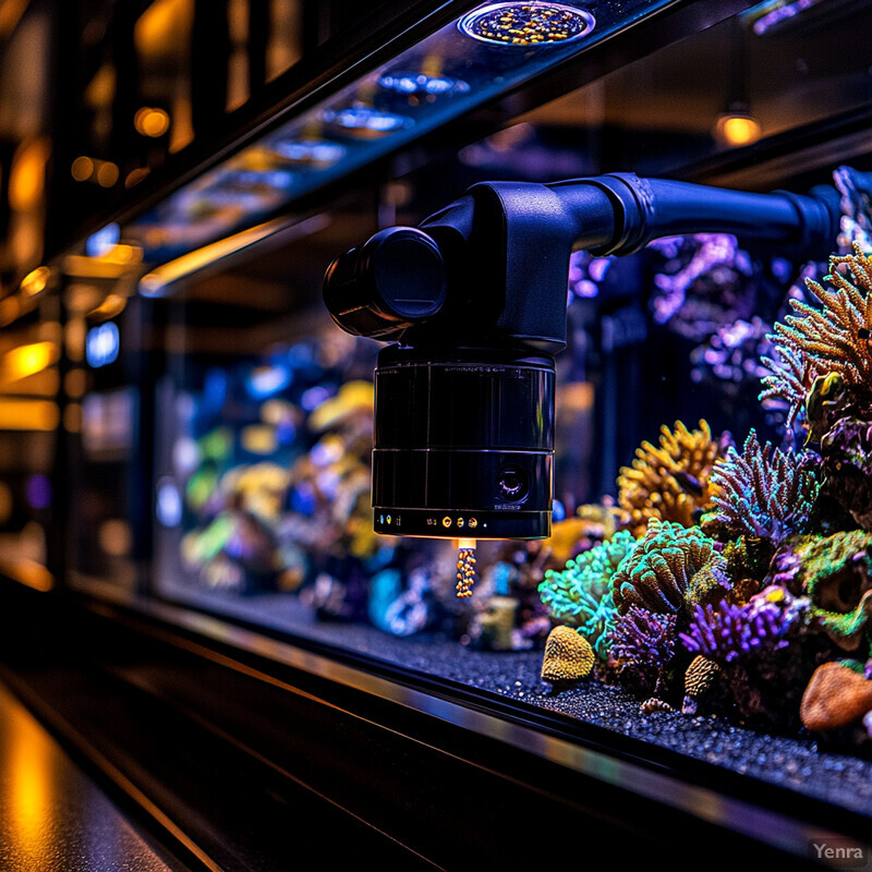 An aquarium with an automated feeding system and colorful coral species.