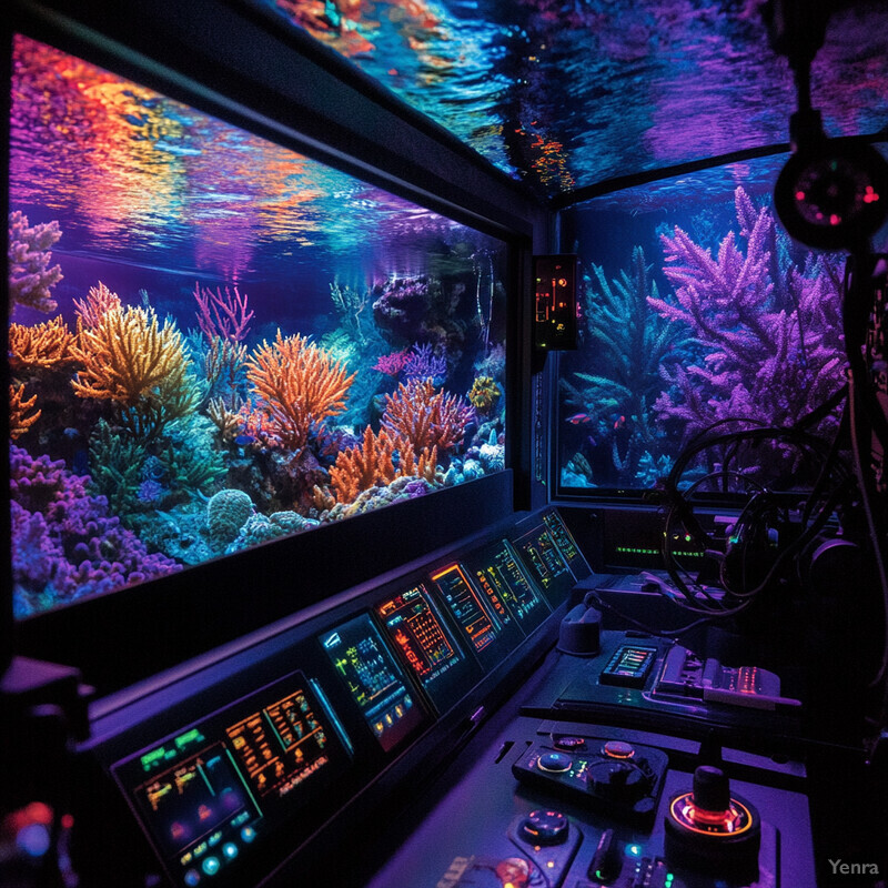 An underwater scene with coral reefs and marine life illuminated by artificial lighting.