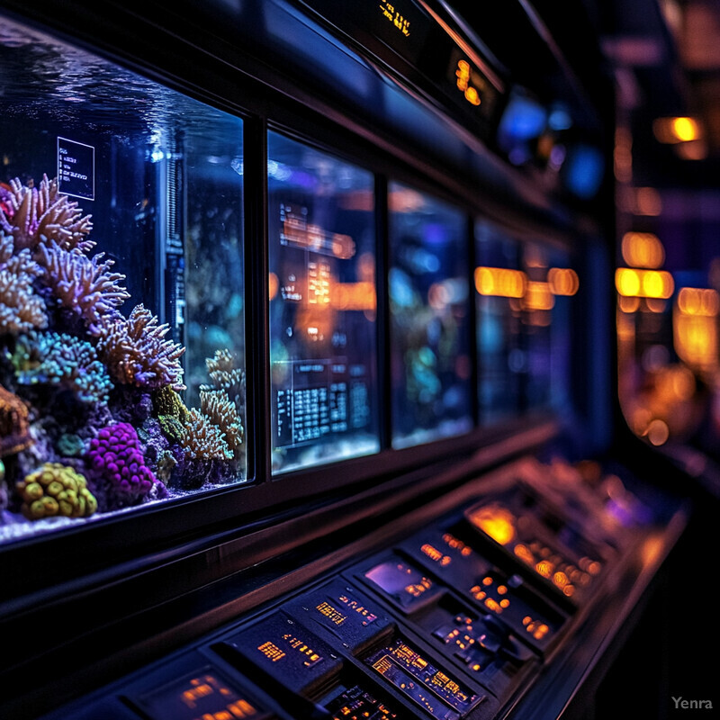 An aquarium with a coral reef and control panel.