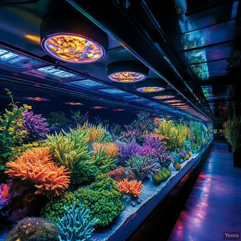 An aquarium with automated lighting control showcasing vibrant coral and fish.