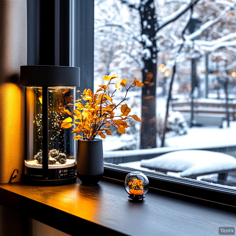 A serene winter scene with a window as its central focus.