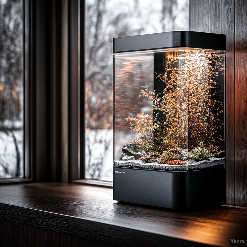 A small, automated terrarium on a dark wooden table in front of a window.