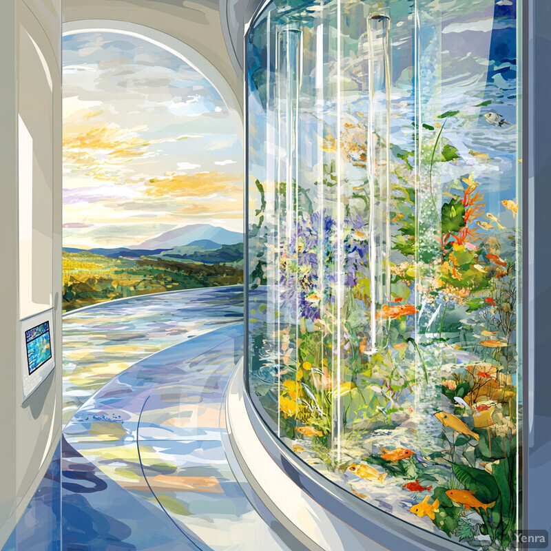 An aquarium with a curved glass wall, featuring various fish and plants, set against a mountainous landscape.