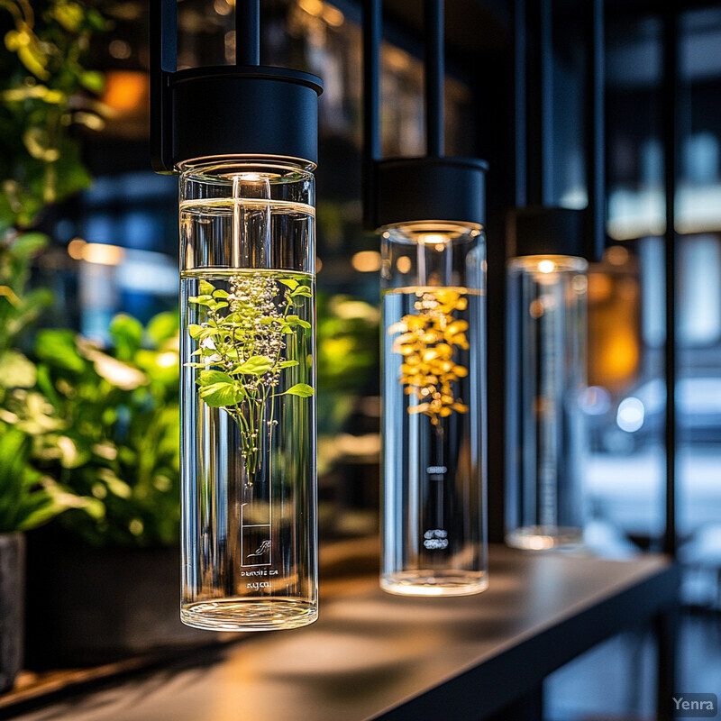 Three glass vases containing plants suspended from black metal rods are arranged on a white table.