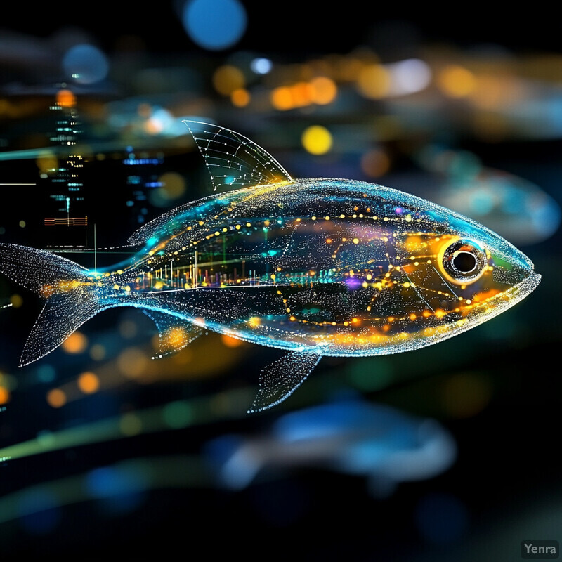 A futuristic fish with a transparent body and metallic fins is depicted in an underwater environment.