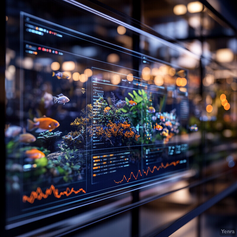 A futuristic display of fish swimming in an aquarium accompanied by graphs and charts on a large screen.