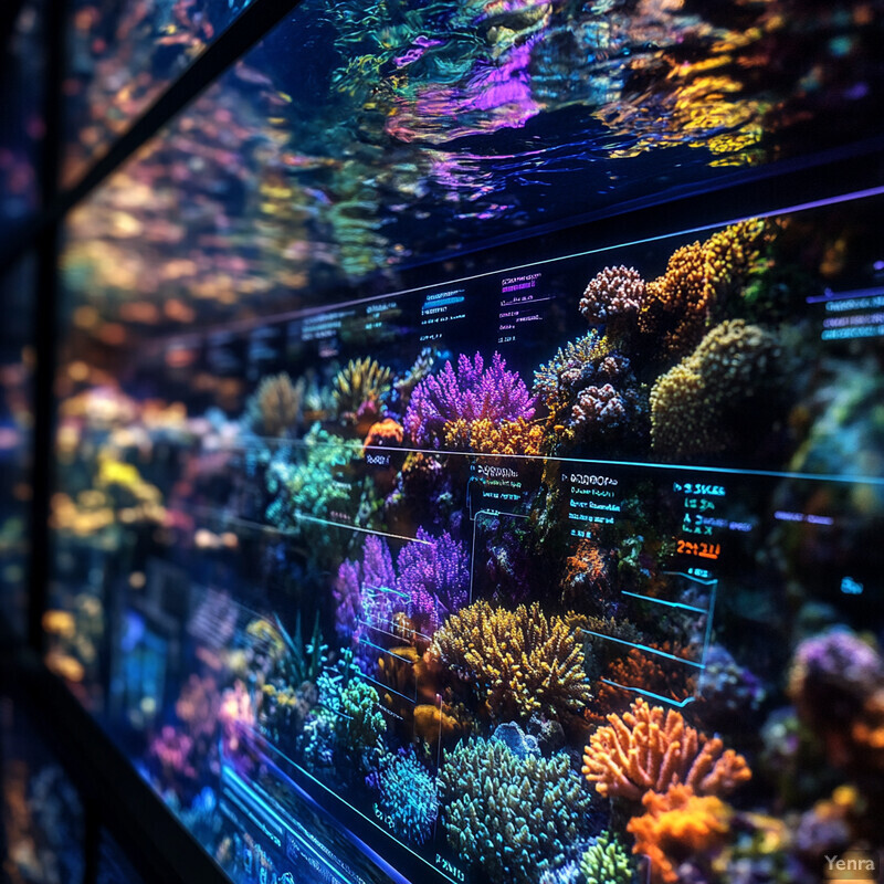 An aquarium with coral formations illuminated by blue light.