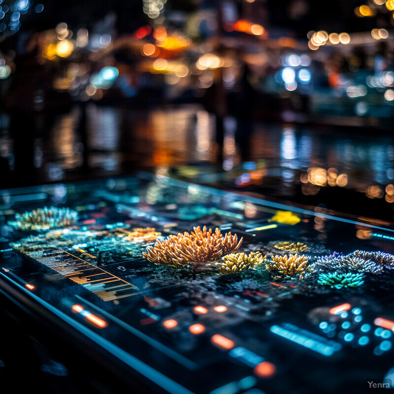 A futuristic display of coral health monitoring using advanced technology.