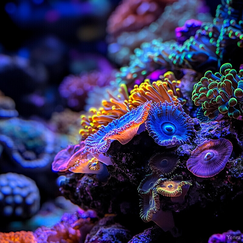 A diverse array of coral species in a low-light environment.