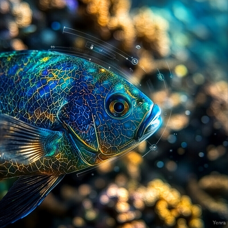 A fish with a unique scale pattern is shown in an underwater setting, surrounded by symbols that may represent biometric data points.