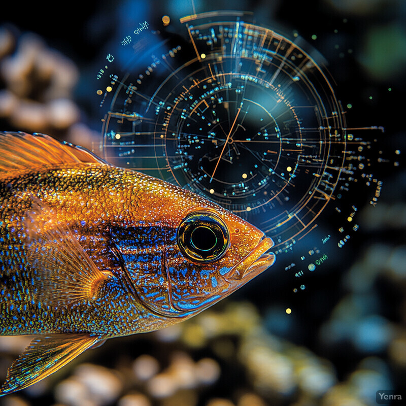 A futuristic-themed image of a fish in front of a circular graphic.