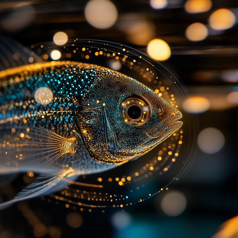 A vibrant illustration of a fish's head crafted from tiny blue and orange dots against a dark background.