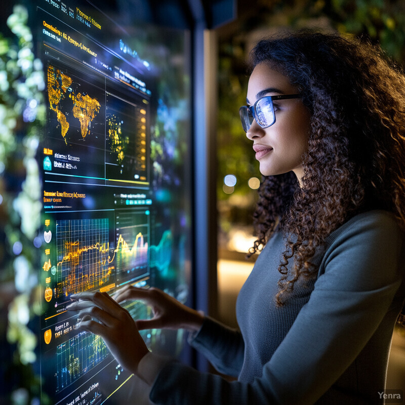 A woman is analyzing data on a large screen related to disease outbreak prevention via predictive analytics.