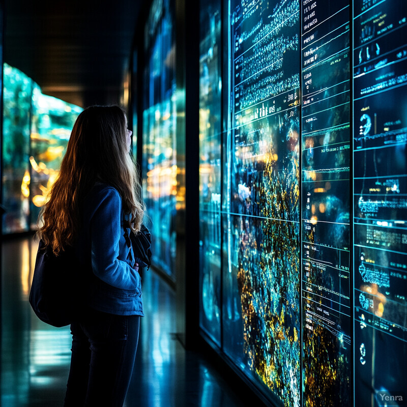 A woman stands in front of a large screen displaying various graphs and charts.